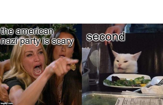 Woman Yelling At Cat | the american nazi party is scary; second | image tagged in memes,woman yelling at cat | made w/ Imgflip meme maker