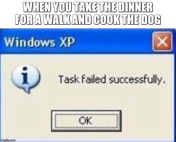 Task failed successfully | WHEN YOU TAKE THE DINNER FOR A WALK AND COOK THE DOG | image tagged in task failed successfully | made w/ Imgflip meme maker