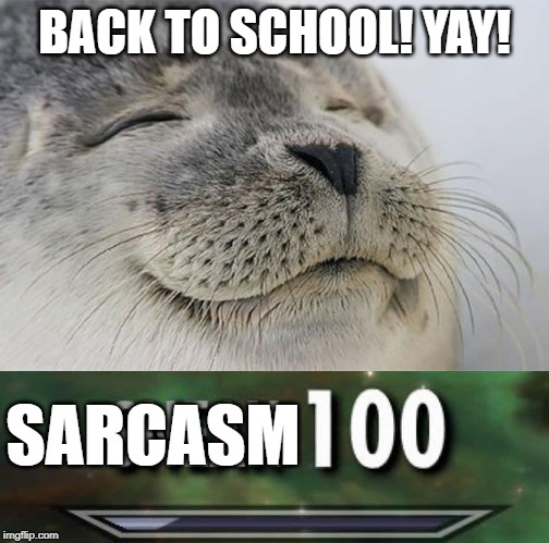 Plenty of sarcasm. |  BACK TO SCHOOL! YAY! SARCASM | image tagged in sneak 100,sarcasm,funny,memes,satisfied seal,100 | made w/ Imgflip meme maker
