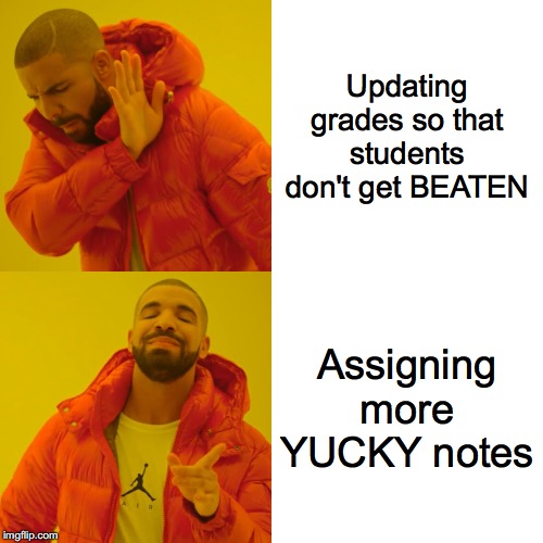 Drake Hotline Bling | Updating grades so that students don't get BEATEN; Assigning more YUCKY notes | image tagged in memes,drake hotline bling | made w/ Imgflip meme maker