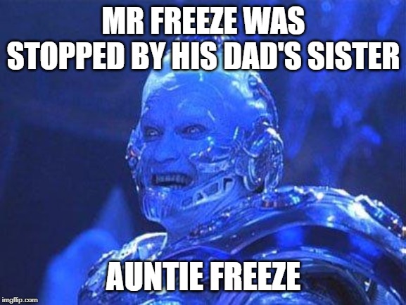 Mr Freeze | MR FREEZE WAS STOPPED BY HIS DAD'S SISTER; AUNTIE FREEZE | image tagged in mr freeze | made w/ Imgflip meme maker