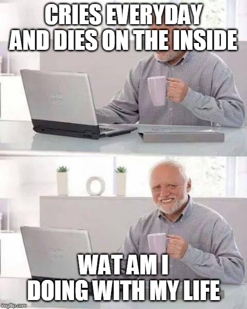 idk wat im doing with my life | CRIES EVERYDAY AND DIES ON THE INSIDE; WAT AM I DOING WITH MY LIFE | image tagged in memes,hide the pain harold | made w/ Imgflip meme maker