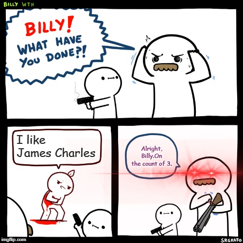 Billy, What Have You Done |  I like James Charles; Alright, Billy.On the count of 3. | image tagged in billy what have you done | made w/ Imgflip meme maker
