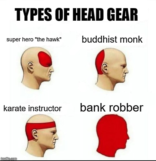 Types of Head Gear | TYPES OF HEAD GEAR; buddhist monk; super hero "the hawk"; karate instructor; bank robber | image tagged in types of headaches meme,types of head gear,k_reeves64 | made w/ Imgflip meme maker