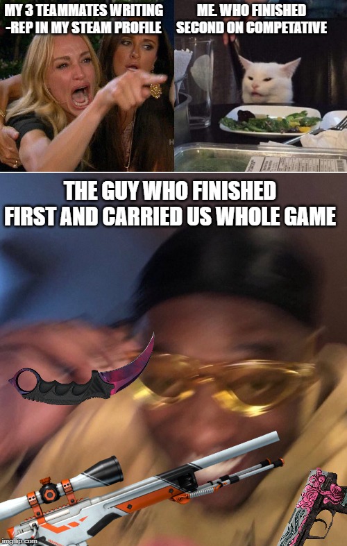 ME. WHO FINISHED SECOND ON COMPETATIVE; MY 3 TEAMMATES WRITING -REP IN MY STEAM PROFILE; THE GUY WHO FINISHED FIRST AND CARRIED US WHOLE GAME | image tagged in salad cat | made w/ Imgflip meme maker