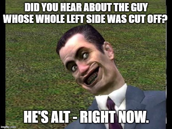 right leaning | DID YOU HEAR ABOUT THE GUY WHOSE WHOLE LEFT SIDE WAS CUT OFF? HE'S ALT - RIGHT NOW. | image tagged in alt right,right wing | made w/ Imgflip meme maker
