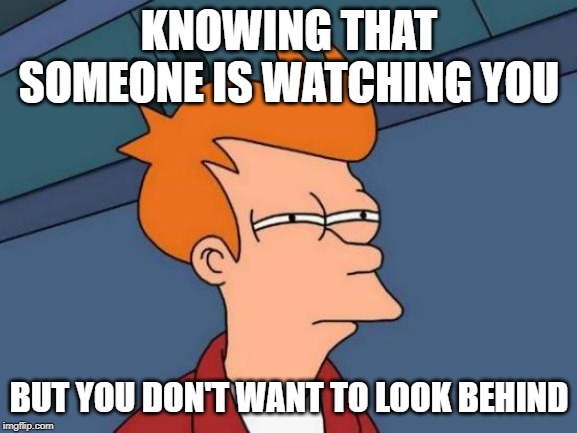 Futurama Fry Meme | KNOWING THAT SOMEONE IS WATCHING YOU; BUT YOU DON'T WANT TO LOOK BEHIND | image tagged in memes,futurama fry | made w/ Imgflip meme maker