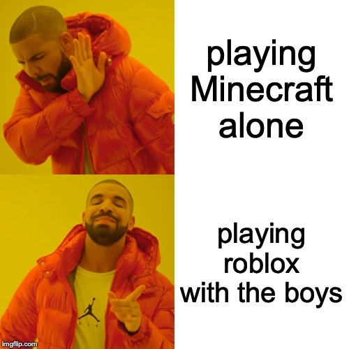 Drake Hotline Bling | playing Minecraft alone; playing roblox with the boys | image tagged in memes,drake hotline bling | made w/ Imgflip meme maker