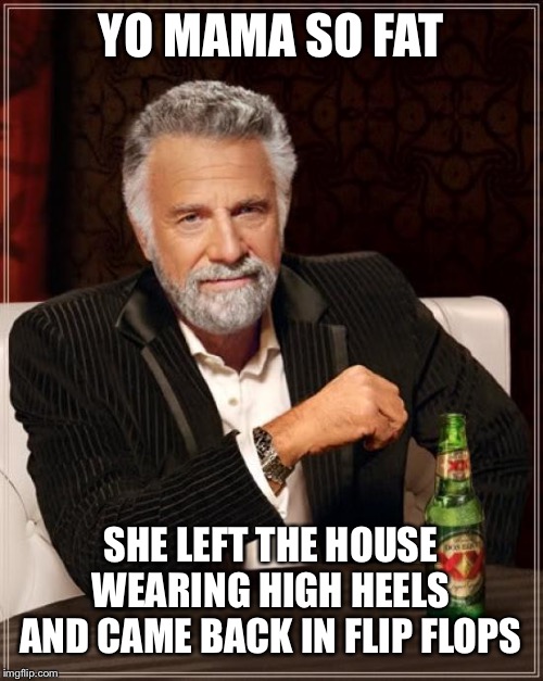 The Most Interesting Man In The World | YO MAMA SO FAT; SHE LEFT THE HOUSE WEARING HIGH HEELS AND CAME BACK IN FLIP FLOPS | image tagged in memes,the most interesting man in the world | made w/ Imgflip meme maker