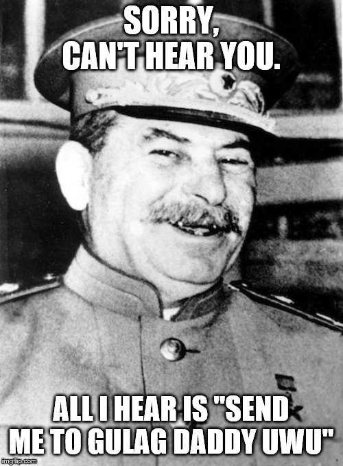 Stalin smile | SORRY, CAN'T HEAR YOU. ALL I HEAR IS "SEND ME TO GULAG DADDY UWU" | image tagged in stalin smile | made w/ Imgflip meme maker