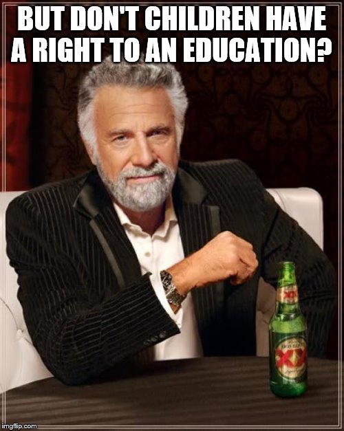 The Most Interesting Man In The World Meme | BUT DON'T CHILDREN HAVE A RIGHT TO AN EDUCATION? | image tagged in memes,the most interesting man in the world | made w/ Imgflip meme maker