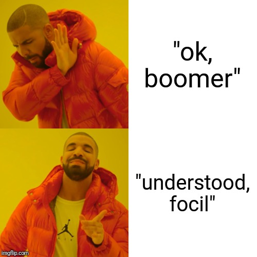 Drake Hotline Bling Meme | "ok, boomer"; "understood, focil" | image tagged in memes,drake hotline bling | made w/ Imgflip meme maker