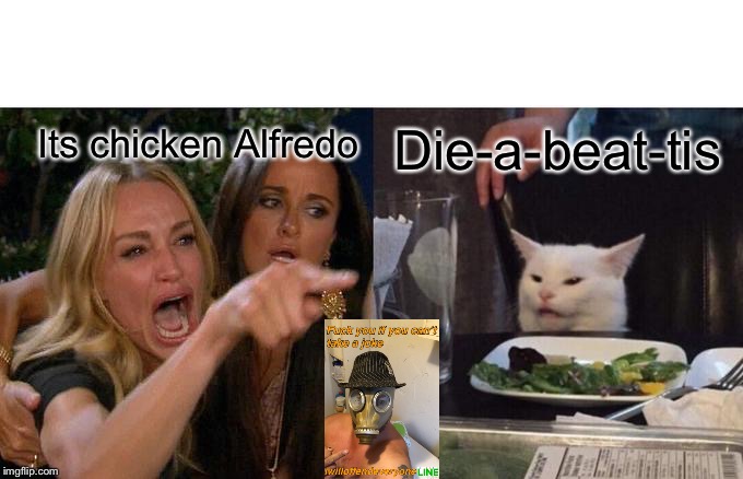 Woman Yelling At Cat Meme | Its chicken Alfredo; Die-a-beat-tis | image tagged in memes,woman yelling at cat | made w/ Imgflip meme maker