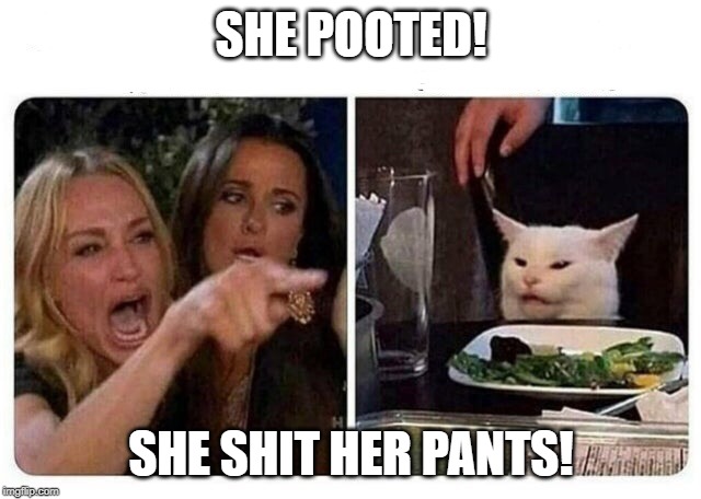 Cat at Dinner | SHE POOTED! SHE SHIT HER PANTS! | image tagged in cat at dinner | made w/ Imgflip meme maker
