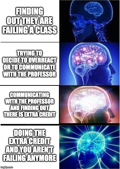 Expanding Brain Meme | FINDING OUT THEY ARE FAILING A CLASS; TRYING TO DECIDE TO OVERREACT OR TO COMMUNICATE WITH THE PROFESSOR; COMMUNICATING WITH THE PROFESSOR AND FINDING OUT THERE IS EXTRA CREDIT; DOING THE EXTRA CREDIT AND YOU AREN'T FAILING ANYMORE | image tagged in memes,expanding brain | made w/ Imgflip meme maker
