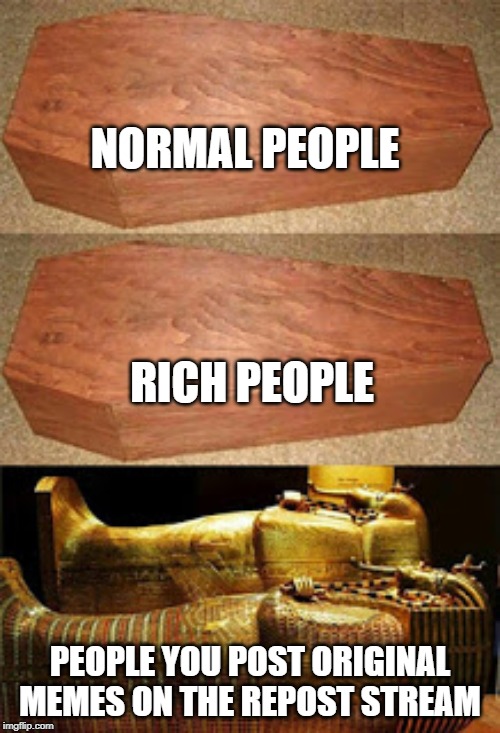 Golden coffin | NORMAL PEOPLE; RICH PEOPLE; PEOPLE YOU POST ORIGINAL MEMES ON THE REPOST STREAM | image tagged in golden coffin meme,memes,funny,coffin,repost | made w/ Imgflip meme maker