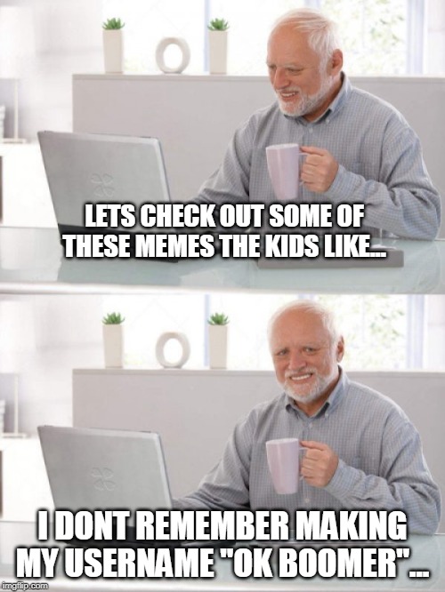 Old guy pc | LETS CHECK OUT SOME OF THESE MEMES THE KIDS LIKE... I DONT REMEMBER MAKING MY USERNAME "OK BOOMER"... | image tagged in old guy pc | made w/ Imgflip meme maker