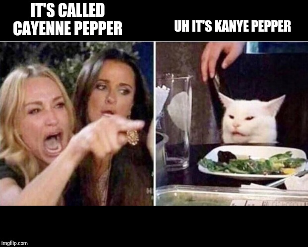 Crying girls and Cat | IT'S CALLED CAYENNE PEPPER; UH IT'S KANYE PEPPER | image tagged in crying girls and cat | made w/ Imgflip meme maker