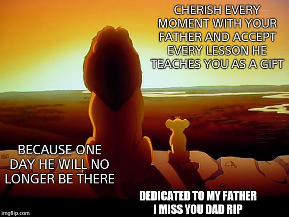 Lion King | CHERISH EVERY MOMENT WITH YOUR FATHER AND ACCEPT EVERY LESSON HE TEACHES YOU AS A GIFT; BECAUSE ONE DAY HE WILL NO LONGER BE THERE; DEDICATED TO MY FATHER
I MISS YOU DAD RIP | image tagged in memes,lion king | made w/ Imgflip meme maker