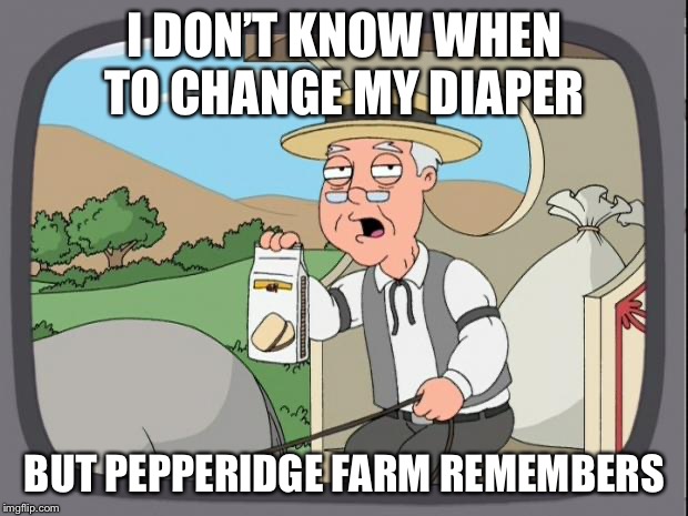 peperidge  | I DON’T KNOW WHEN TO CHANGE MY DIAPER BUT PEPPERIDGE FARM REMEMBERS | image tagged in peperidge | made w/ Imgflip meme maker