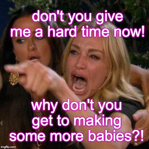 don't you give me a hard time now! why don't you get to making some more babies?! | made w/ Imgflip meme maker