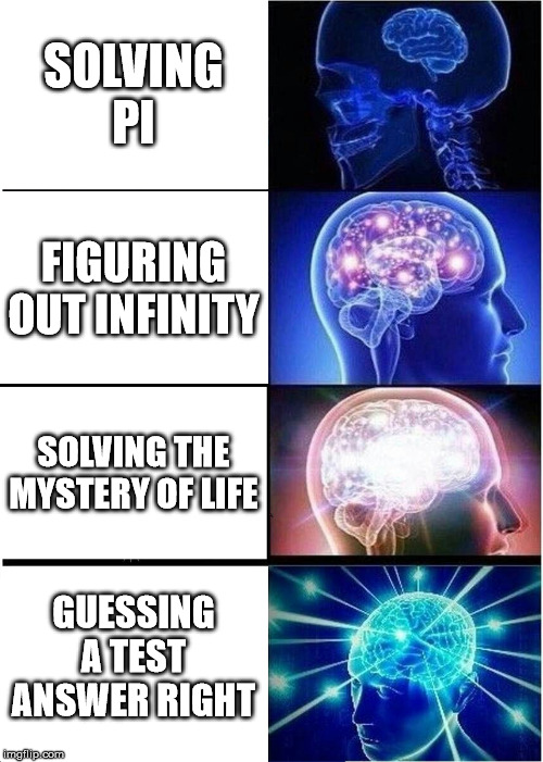Expanding Brain | SOLVING PI; FIGURING OUT INFINITY; SOLVING THE MYSTERY OF LIFE; GUESSING A TEST ANSWER RIGHT | image tagged in memes,expanding brain | made w/ Imgflip meme maker