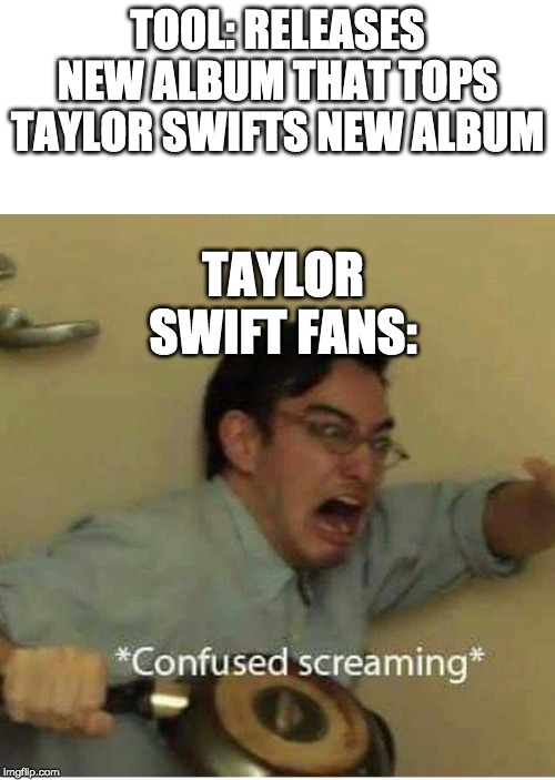 confused screaming | TOOL: RELEASES NEW ALBUM THAT TOPS TAYLOR SWIFTS NEW ALBUM; TAYLOR SWIFT FANS: | image tagged in confused screaming | made w/ Imgflip meme maker