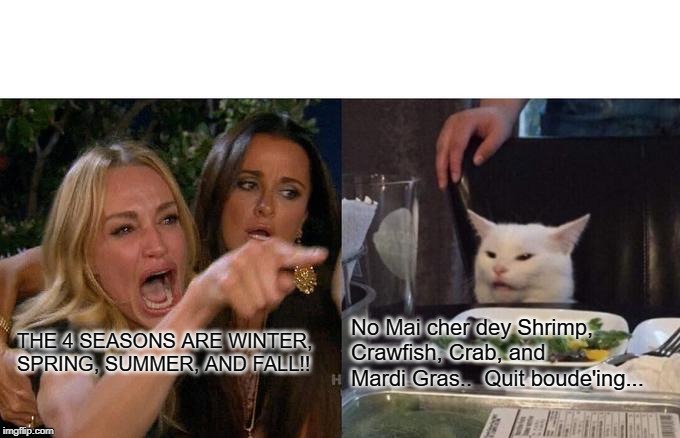 Woman Yelling At Cat Meme | THE 4 SEASONS ARE WINTER, SPRING, SUMMER, AND FALL!! No Mai cher dey Shrimp, Crawfish, Crab, and Mardi Gras..  Quit boude'ing... | image tagged in memes,woman yelling at cat | made w/ Imgflip meme maker