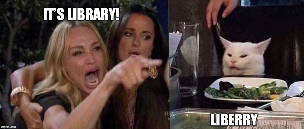 woman yelling at cat | IT’S LIBRARY! LIBERRY | image tagged in woman yelling at cat | made w/ Imgflip meme maker