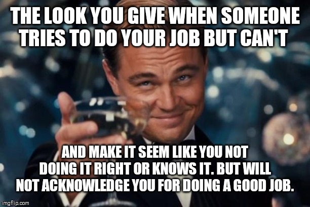 Leonardo Dicaprio Cheers | THE LOOK YOU GIVE WHEN SOMEONE TRIES TO DO YOUR JOB BUT CAN'T; AND MAKE IT SEEM LIKE YOU NOT DOING IT RIGHT OR KNOWS IT. BUT WILL NOT ACKNOWLEDGE YOU FOR DOING A GOOD JOB. | image tagged in memes,leonardo dicaprio cheers | made w/ Imgflip meme maker