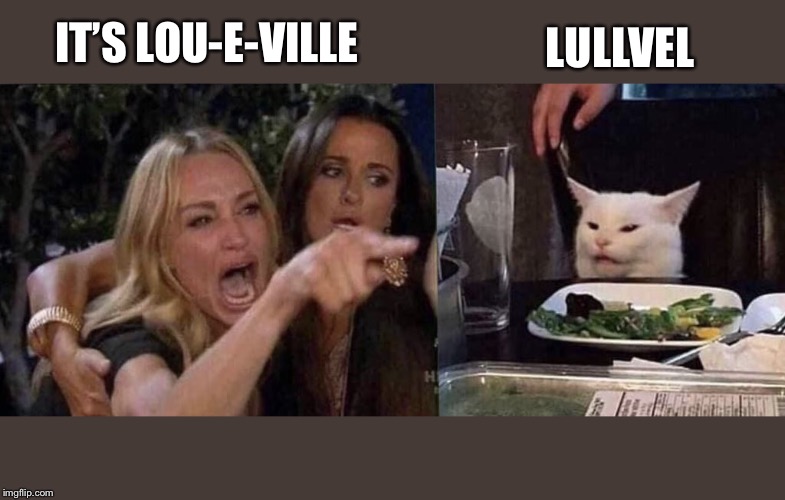 woman yelling at cat | LULLVEL; IT’S LOU-E-VILLE | image tagged in woman yelling at cat | made w/ Imgflip meme maker