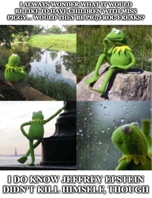 blank kermit waiting | I ALWAYS WONDER WHAT IT WOULD BE LIKE TO HAVE CHILDREN WITH MISS PIGGY... WOULD THEY BE PIG/FROG FREAKS? I DO KNOW JEFFREY EPSTEIN DIDN'T KI | image tagged in blank kermit waiting | made w/ Imgflip meme maker