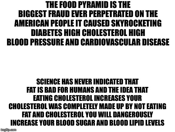 Blank White Template | THE FOOD PYRAMID IS THE BIGGEST FRAUD EVER PERPETRATED ON THE AMERICAN PEOPLE IT CAUSED SKYROCKETING DIABETES HIGH CHOLESTEROL HIGH BLOOD PR | image tagged in blank white template | made w/ Imgflip meme maker