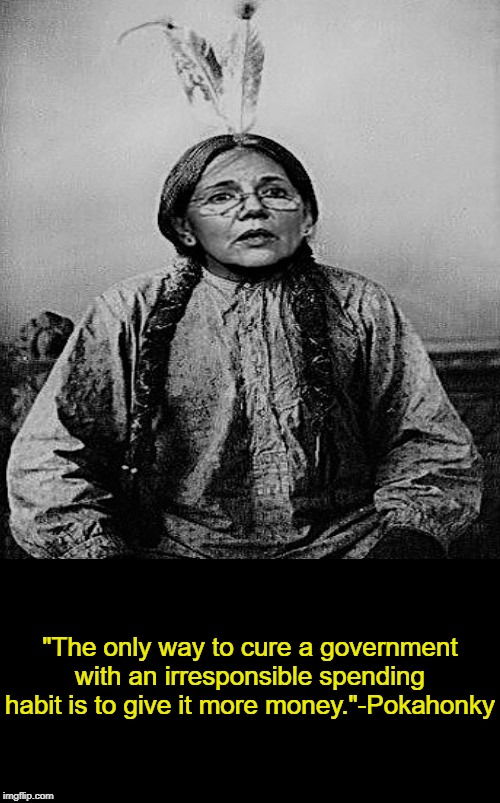 Pokahonky Sayz | "The only way to cure a government with an irresponsible spending habit is to give it more money."-Pokahonky | image tagged in pokahonky sayz,liberal logic,elizabeth warren,memes | made w/ Imgflip meme maker