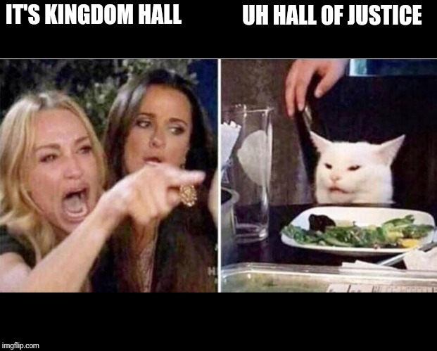 Crying girls and Cat | IT'S KINGDOM HALL; UH HALL OF JUSTICE | image tagged in crying girls and cat | made w/ Imgflip meme maker