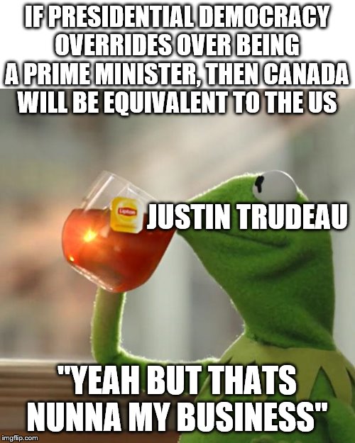 But That's None Of My Business | IF PRESIDENTIAL DEMOCRACY OVERRIDES OVER BEING A PRIME MINISTER, THEN CANADA WILL BE EQUIVALENT TO THE US; JUSTIN TRUDEAU; "YEAH BUT THATS NUNNA MY BUSINESS" | image tagged in memes,but thats none of my business,kermit the frog | made w/ Imgflip meme maker