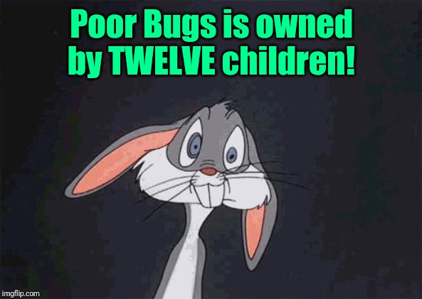 bugs bunny crazy face | Poor Bugs is owned by TWELVE children! | image tagged in bugs bunny crazy face | made w/ Imgflip meme maker