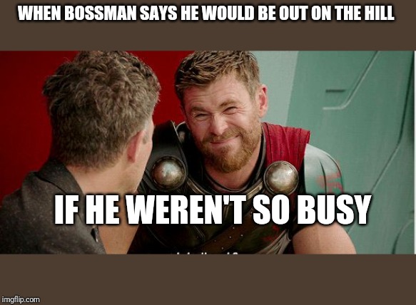 Thor is he though | WHEN BOSSMAN SAYS HE WOULD BE OUT ON THE HILL; IF HE WEREN'T SO BUSY | image tagged in thor is he though | made w/ Imgflip meme maker