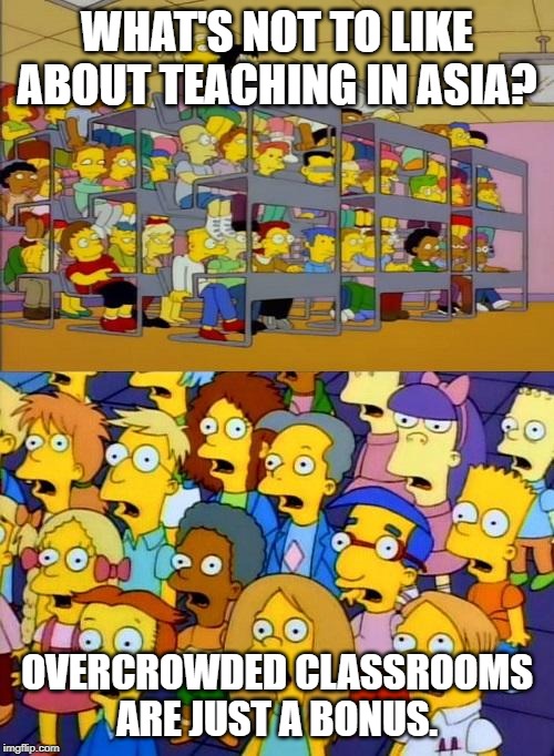 simpsons education | WHAT'S NOT TO LIKE ABOUT TEACHING IN ASIA? OVERCROWDED CLASSROOMS ARE JUST A BONUS. | image tagged in simpsons education | made w/ Imgflip meme maker