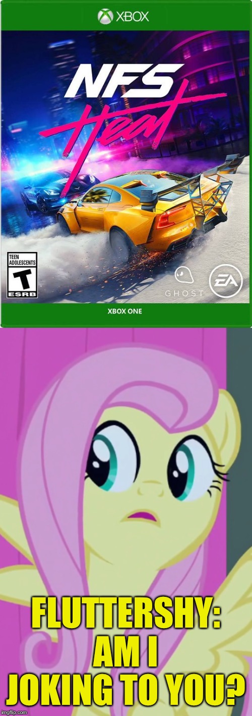 Fluttershy reacts new NFS Heat | FLUTTERSHY: AM I JOKING TO YOU? | image tagged in fluttershy,need for speed,heat,mlp fim | made w/ Imgflip meme maker
