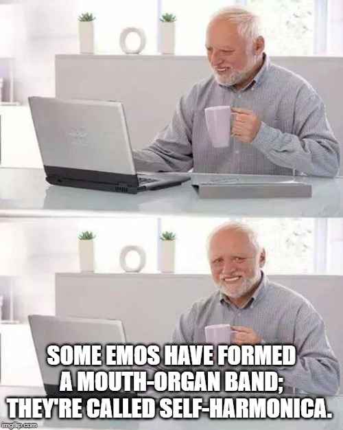 Hide the Pain Harold | SOME EMOS HAVE FORMED A MOUTH-ORGAN BAND; THEY'RE CALLED SELF-HARMONICA. | image tagged in memes,hide the pain harold | made w/ Imgflip meme maker