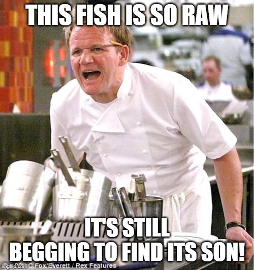 That IS Raw | THIS FISH IS SO RAW; IT'S STILL BEGGING TO FIND ITS SON! | image tagged in memes,chef gordon ramsay | made w/ Imgflip meme maker