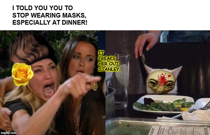 Woman Yelling At Cat Meme | I TOLD YOU YOU TO STOP WEARING MASKS, ESPECIALLY AT DINNER! IT FREAKS HER OUT, STANLEY. | image tagged in memes,woman yelling at cat | made w/ Imgflip meme maker