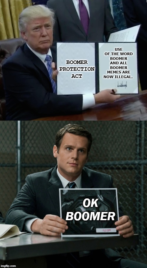 USE OF THE WORD BOOMER AND ALL BOOMER MEMES ARE NOW ILLEGAL. BOOMER PROTECTION ACT; OK BOOMER | image tagged in memes,trump bill signing | made w/ Imgflip meme maker