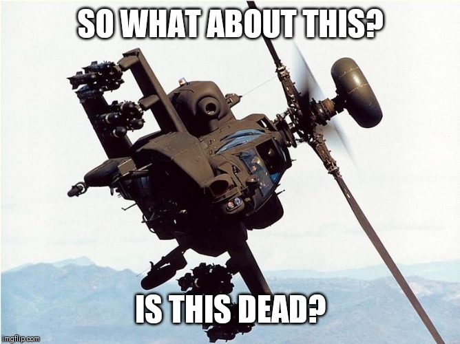 Attack helicopter | SO WHAT ABOUT THIS? IS THIS DEAD? | image tagged in attack helicopter | made w/ Imgflip meme maker