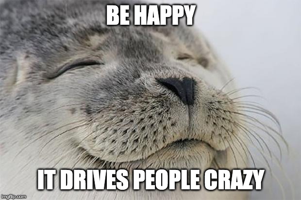 Satisfied Seal Meme | BE HAPPY IT DRIVES PEOPLE CRAZY | image tagged in memes,satisfied seal | made w/ Imgflip meme maker