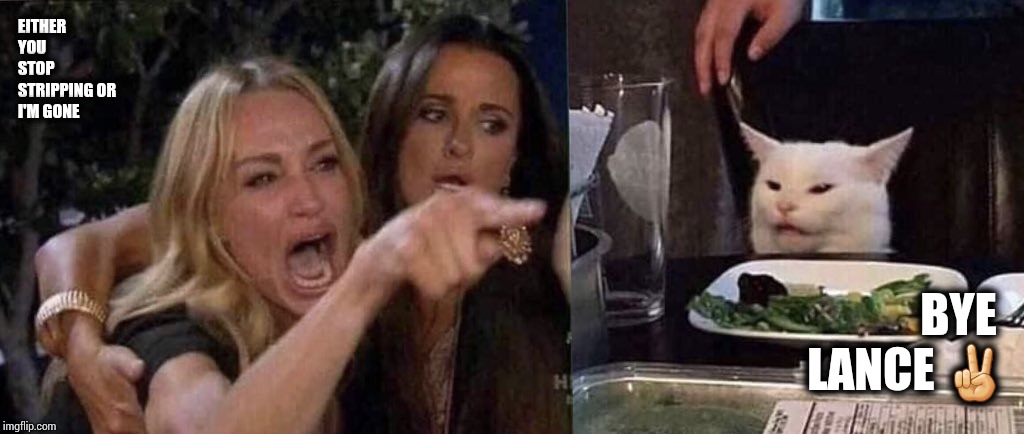 woman yelling at cat | EITHER 
YOU
STOP 
STRIPPING OR
I'M GONE; BYE 
LANCE ✌ | image tagged in woman yelling at cat | made w/ Imgflip meme maker
