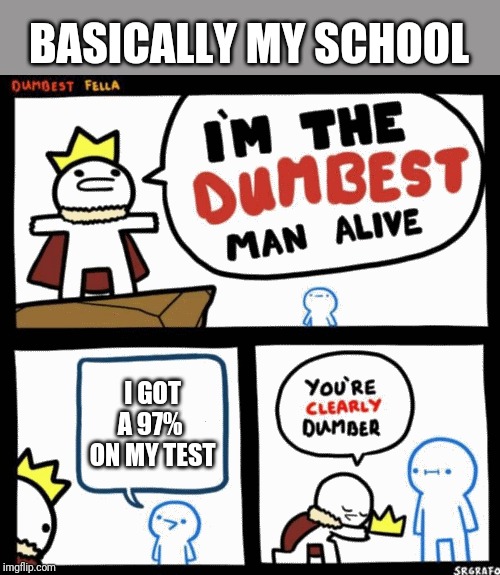 I'm the dumbest man alive | BASICALLY MY SCHOOL; I GOT A 97% 
ON MY TEST | image tagged in i'm the dumbest man alive | made w/ Imgflip meme maker