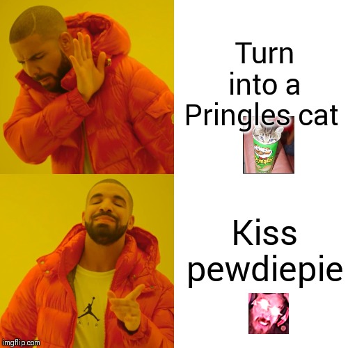Drake Hotline Bling | Turn into a Pringles cat; Kiss pewdiepie | image tagged in memes,drake hotline bling | made w/ Imgflip meme maker