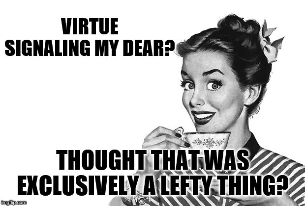 1950s Housewife | VIRTUE SIGNALING MY DEAR? THOUGHT THAT WAS EXCLUSIVELY A LEFTY THING? | image tagged in 1950s housewife | made w/ Imgflip meme maker